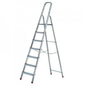 JUST Type 72 freestanding ladder with platform and landing on rungs - aluminium rungs