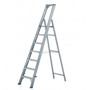JUST Type 73 freestanding ladder with platform and landing on rungs - aluminium rungs
